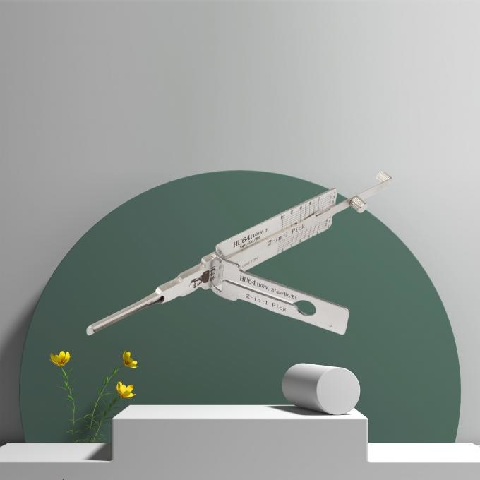 Close-up view of Lishi HU64 lock pick tool features and construction