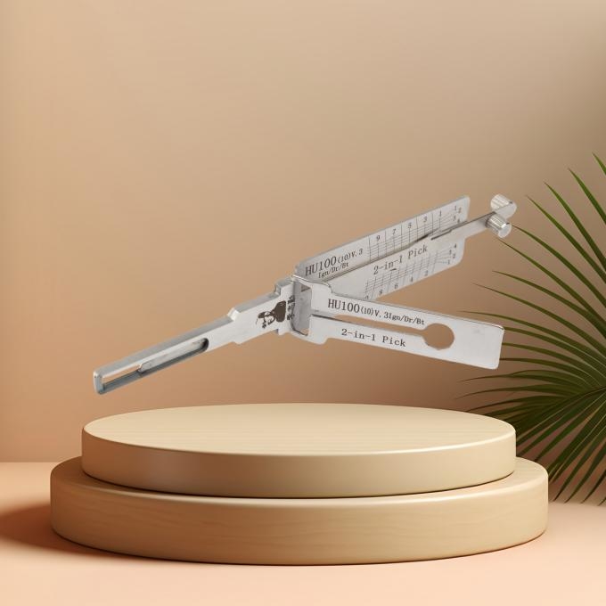 Close-up view of Hu100 V.3 lock pick tool features and scale markings