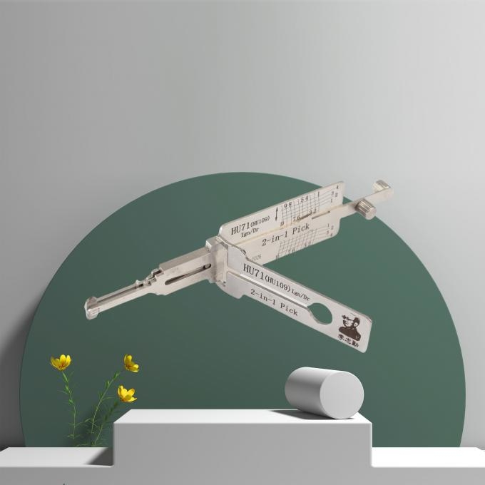 Close-up view of Lishi HU71/HU109 lock pick tool showing precision engineering