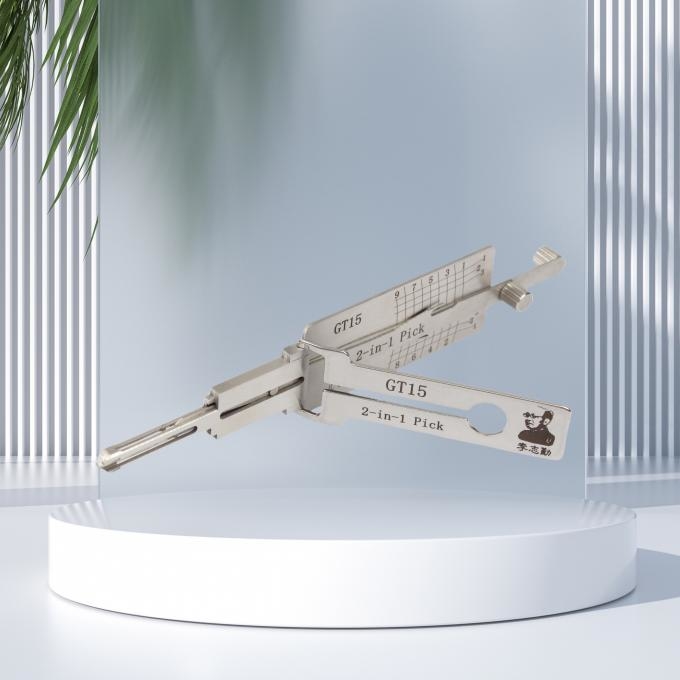 Close-up view of Lishi GT15 decoder tool in use