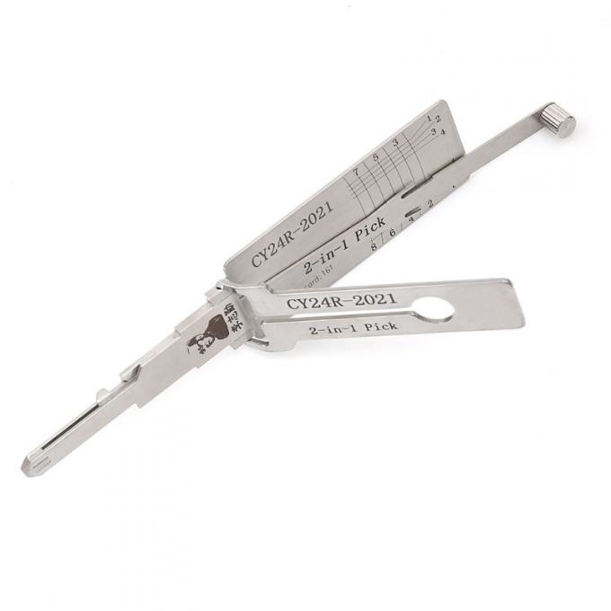 Close-up view of LISHI CY24R tool showing detailed scale and pick components