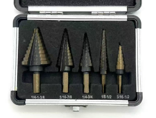 High quality titanium coated 5 pcs HSS step drill bit set in aluminum box